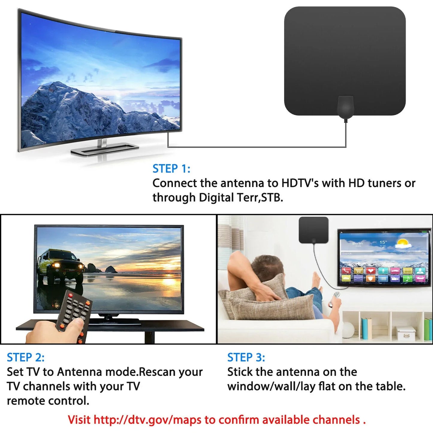 300-Mile Indoor HDTV Antenna with Signal Booster – Amplified Digital TV Antenna