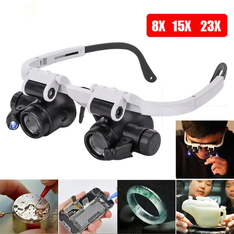 LED Magnifier Glasses 8x 15x 23x – Hands-Free Headset Magnifying Glass with Light