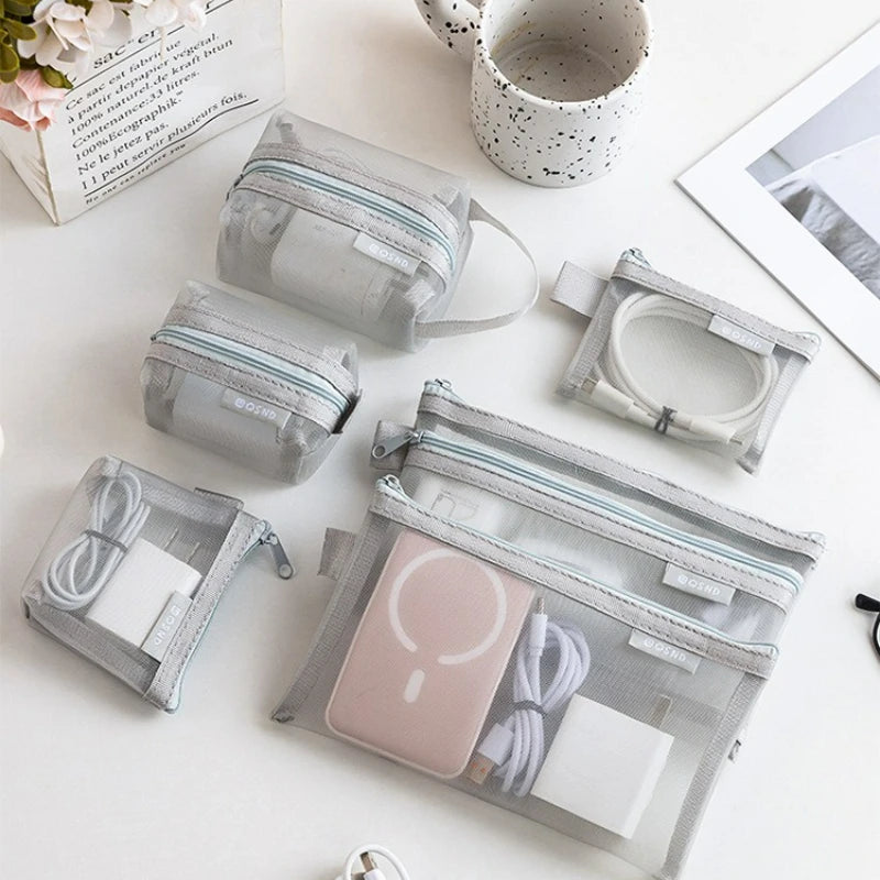6-Piece Transparent Mesh Travel Organiser Pouches – Cosmetic & Card Storage Bags