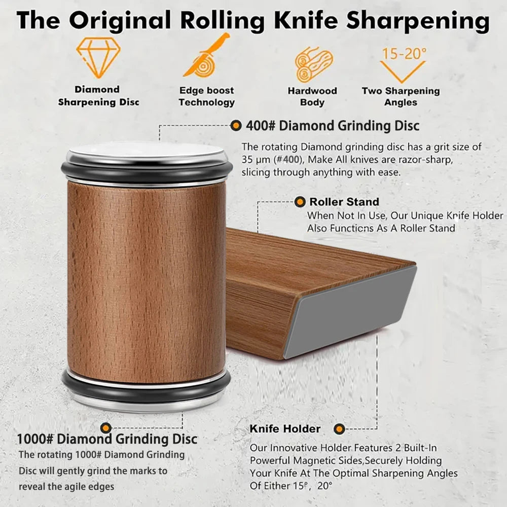 Rolling Knife Sharpener – Double-Sided Diamond Sharpening Stone with Angle Guide