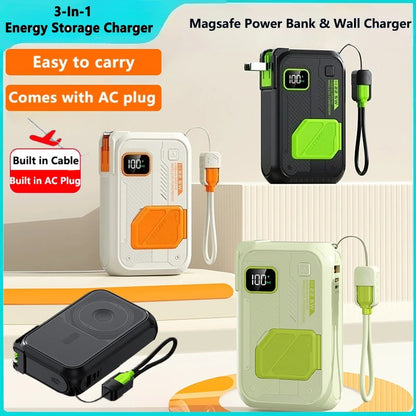 3-in-1 Wireless Power Bank 20,000mAh – 22.5W Fast Charge with Stand & Built-in Cables