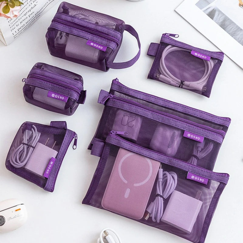 6-Piece Transparent Mesh Travel Organiser Pouches – Cosmetic & Card Storage Bags
