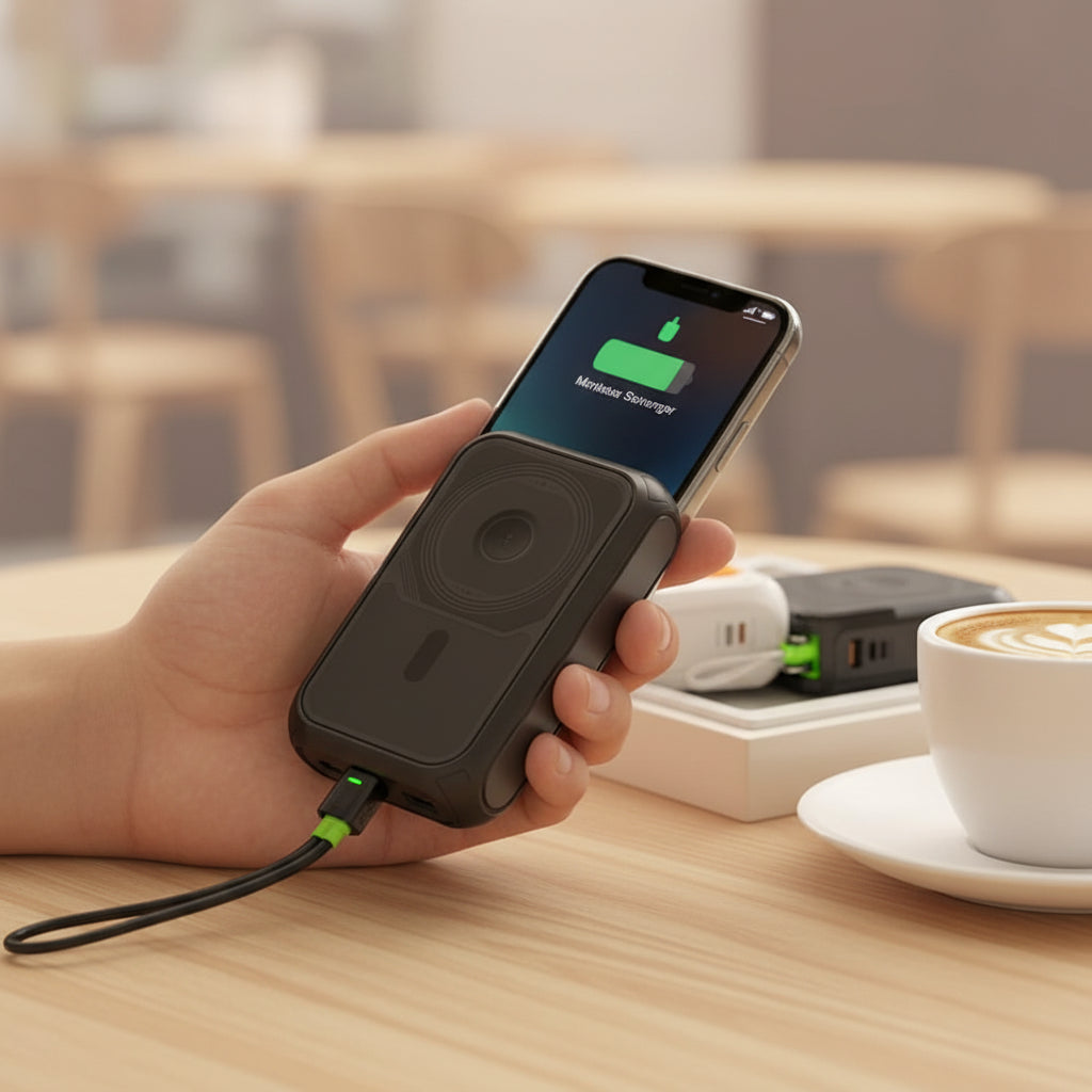 3-in-1 Wireless Power Bank 20,000mAh – 22.5W Fast Charge with Stand & Built-in Cables