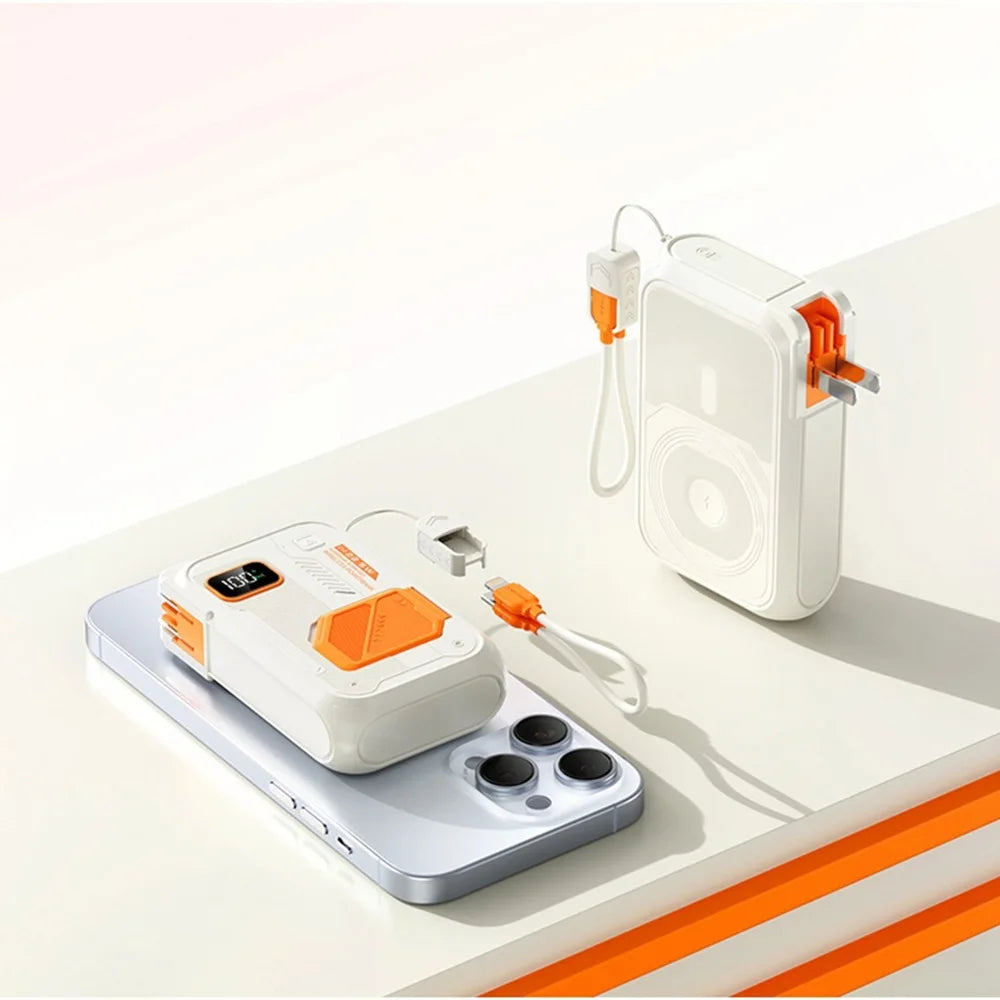 3-in-1 Wireless Power Bank 20,000mAh – 22.5W Fast Charge with Stand & Built-in Cables