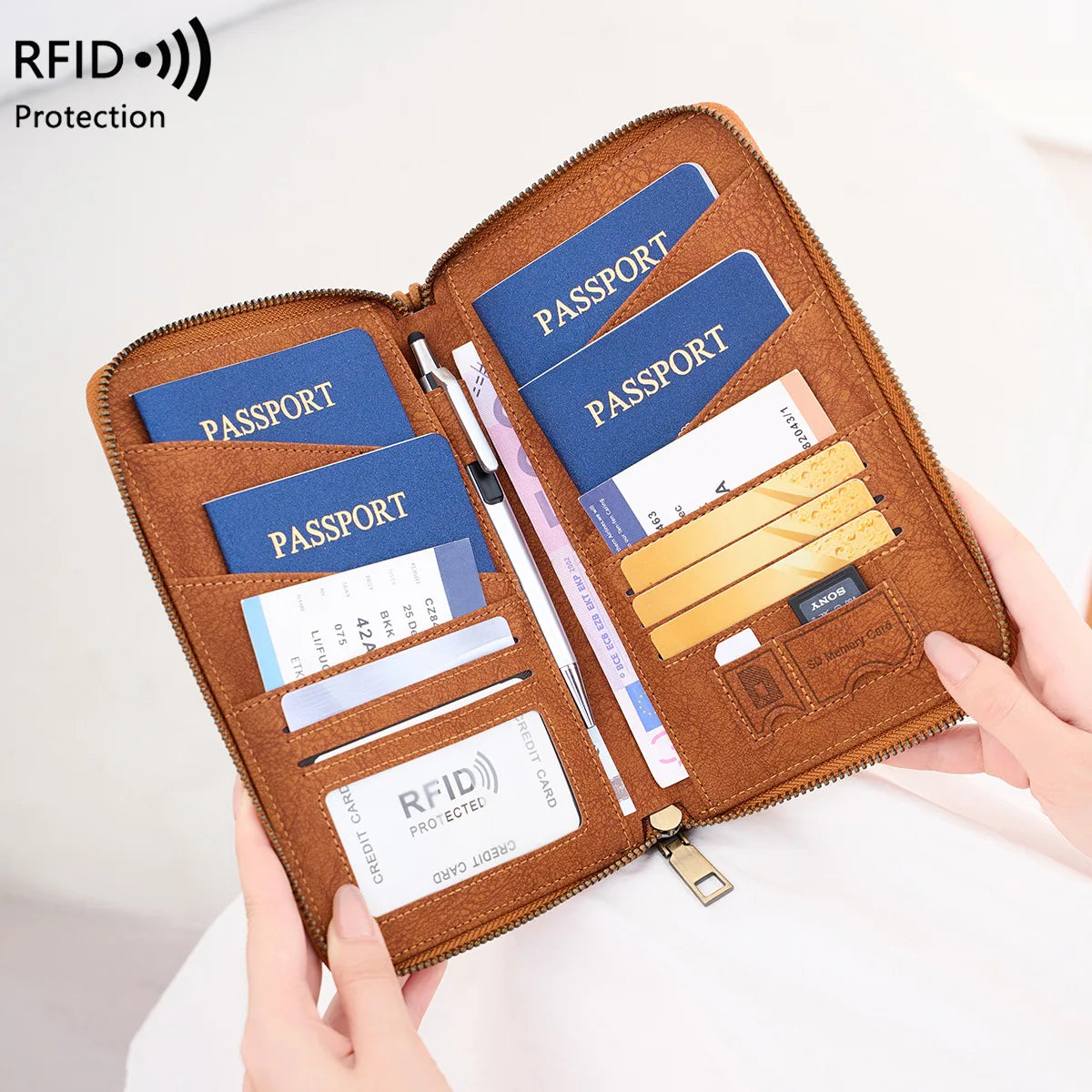 RFID Blocking Passport Wallet – Multi-Document Travel Holder with Zipper