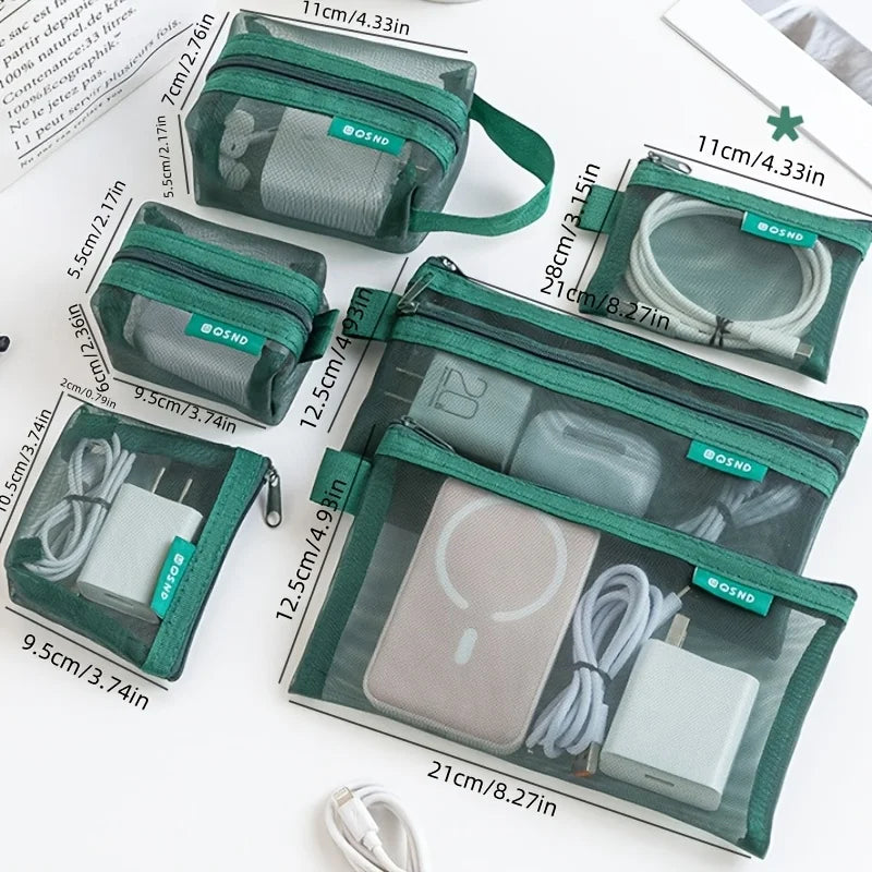6-Piece Transparent Mesh Travel Organiser Pouches – Cosmetic & Card Storage Bags