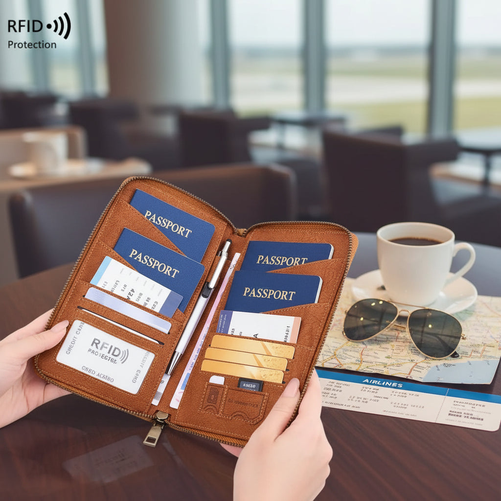 RFID Blocking Passport Wallet – Multi-Document Travel Holder with Zipper