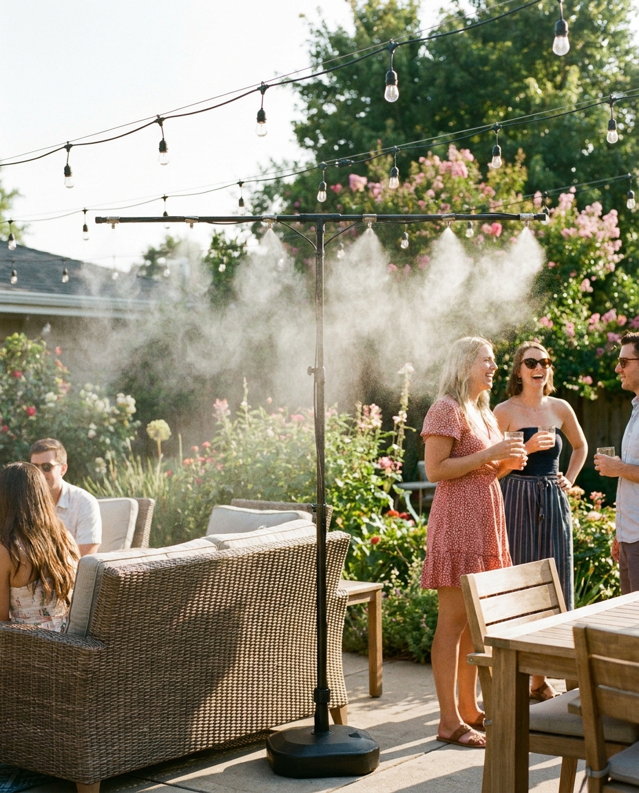 Freestanding Outdoor Home Patio Cooling Misting System lifestyle photo